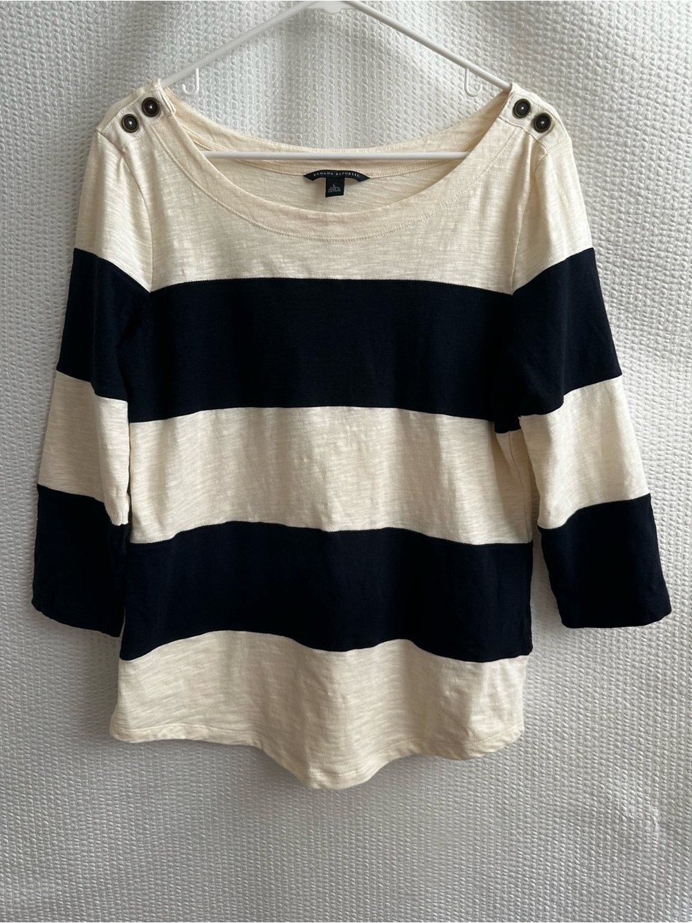 BANANA REPUBLIC Black Cream Striped Boat Neck 3/4 Sleeve Top Size Large